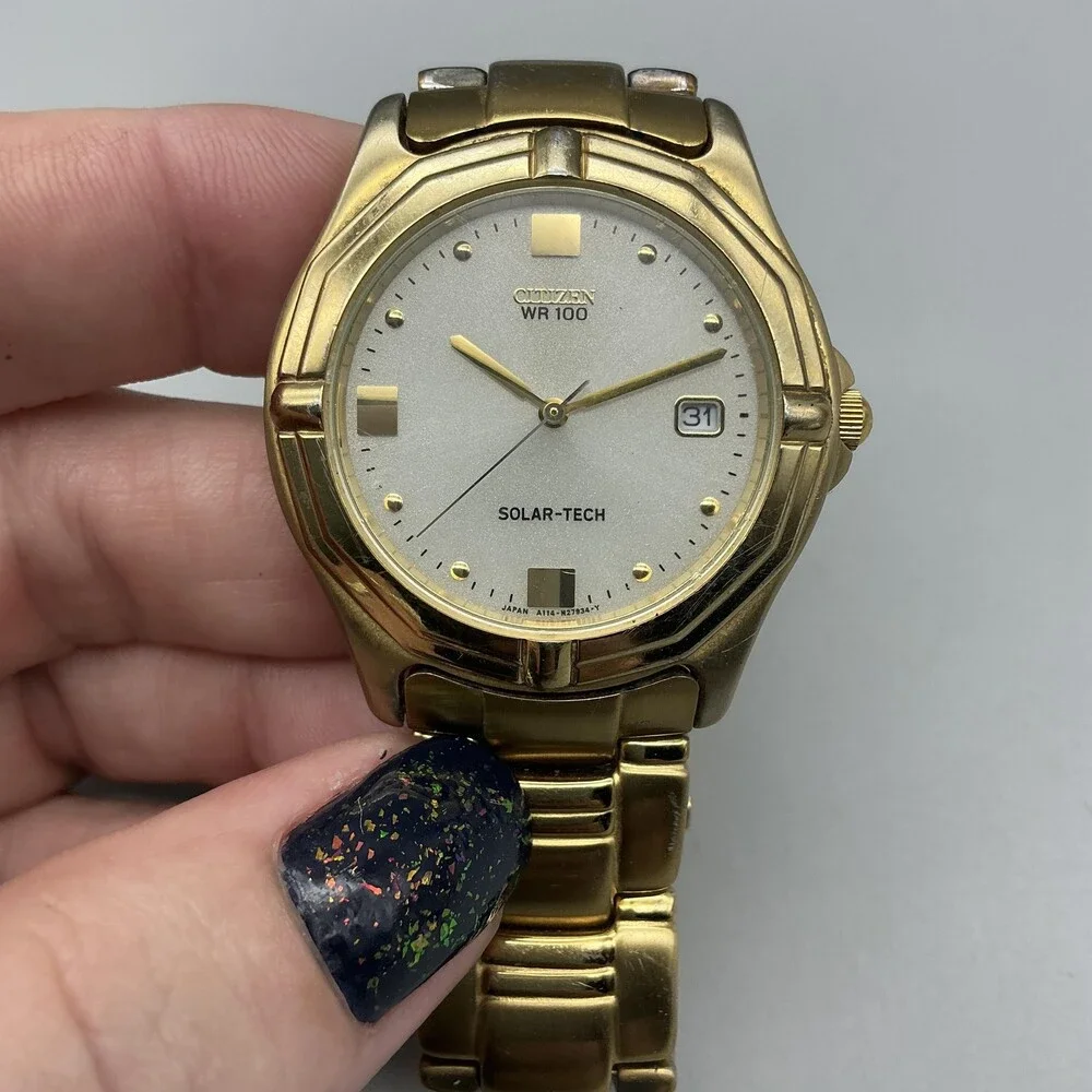 Citizen Eco-Drive Solar-Tech WR 100 Mens Watch 36mm Gold Tone Date 7.25